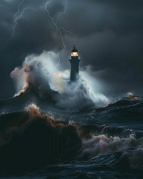 Lighthouse with stormy waves by fernlichtsicht