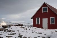Wooden shack on a fjord at Sommeroya and Hillesoya in Northern Norway