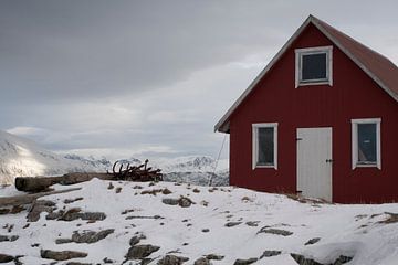 Wooden shack on a fjord at Sommeroya and Hillesoya in Northern Norway van Dennis Wierenga