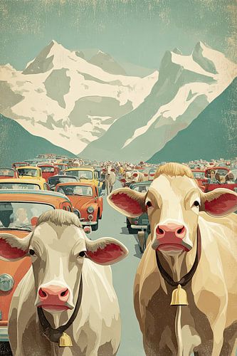 Swiss Mountain Cow Traffic – Humoristische Retro Travel Art