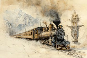Schilderij van een antieke stoomtrein die door de bergen rijdt, vintage, aardetinten van Peter Pen tekeningen en schilderijen
