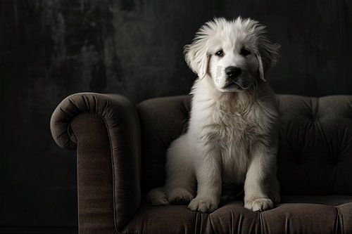 Fluffy Contrasts: Pyrenean Pup at Rest