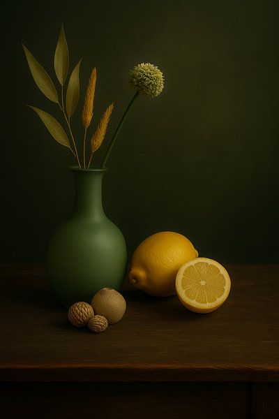 Dark Green &amp; Lemon - Elegantes Stillleben mit Vase, Zitrusfrüchten und Naturformen von Kleurenrijk