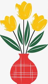 Bright Yellow Tulips in a Red Plaid Vase - Modern Folk Art Floral Print by Artistic