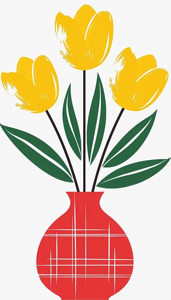Heldergele tulpen in een rood geruite vaas - Moderne Folk Art Bloemenprint van Artistic