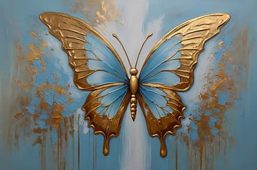 Golden Butterfly against Sky Blue Background by De Muurdecoratie