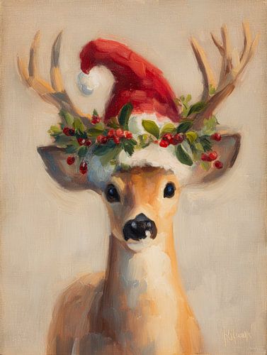 Renne de Noël avec bonnet de Père Noël et couronne de houx