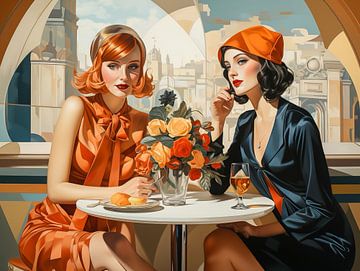 Two women in a café from the 1920s in retro-vintage style by Animaflora PicsStock