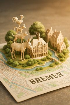 Bremen Stad Diorama Poster - Grillige Hanze Architectuur Print