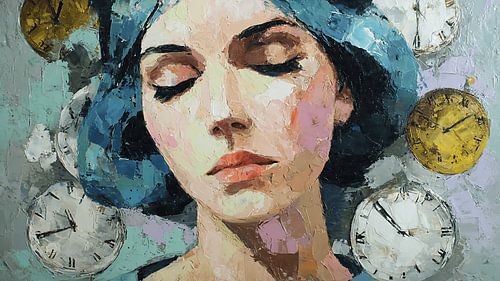 Melancholic Woman Surrounded By Floating Clocks