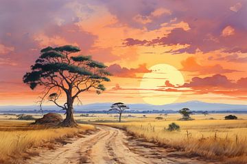 Solitude du Serengeti : une symphonie au coucher du soleil sur Beeld Creaties Ed Steenhoek | Photographie et images artificielles
