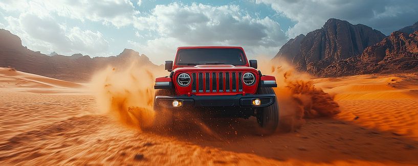Roter Jeep Wrangler bei Sonnenuntergang in den Dünen von Lufy