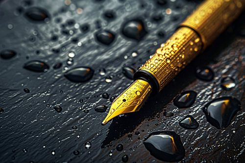 Elegante gouden pen op donkere achtergrond met waterdruppels