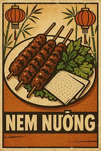 Nem Nướng Poster - Gegrilltes vietnamesisches Schweinefleisch im Retro-Stil