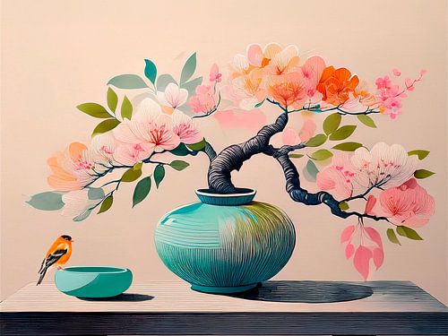 Moderne Japandi Art. Vaas met bloemen met vogeltje op schaal