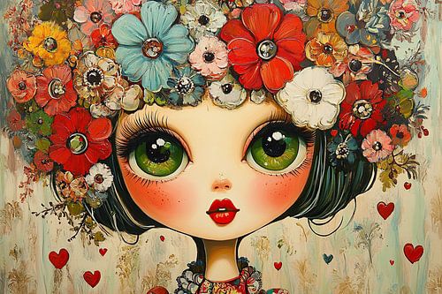 Fille des fleurs | Fille joyeuse avec des fleurs sur Peintures accrocheuses