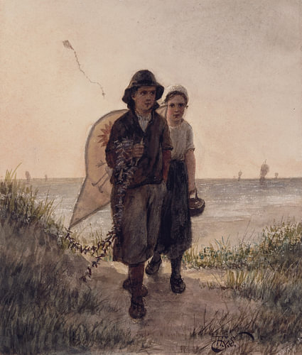 Henri Van Seben - Des enfants de pêcheurs jouant avec un cerf-volant au bord de la mer, aquarelle