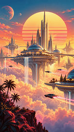 Retro Futuristic Floating City Above Clouds With Flying Cars And Space Age Architecture by Alfonz