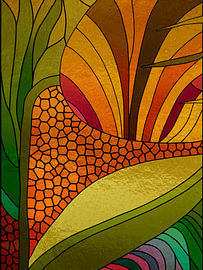 Strahlendes Buntglas-Design einer Blume in warmen Herbsttönen