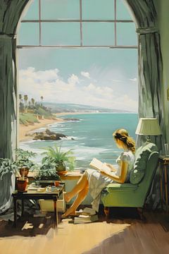 Reading Time in Paradise in the style of Edward Hopper