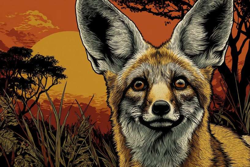 Vos Illustratie in Savanne Zonsondergang van Eva Lee