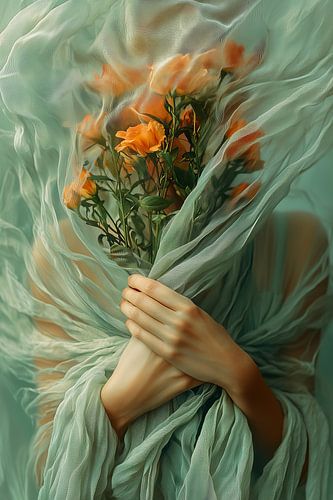 Orange flowers in mint green