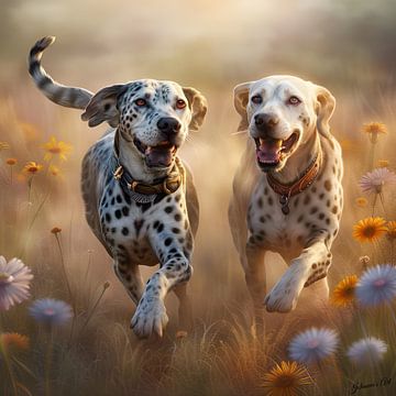 Amerikaanse Luipaard Honden Spelend in een Bloemenveld van Johanna's Art