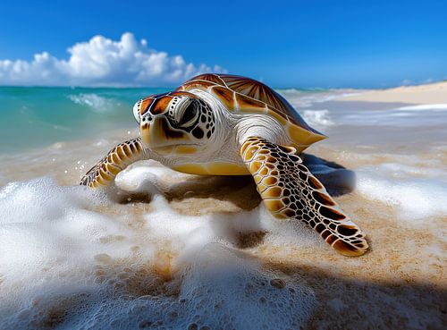 Een nieuwsgierige jonge zeeschildpad kruipt uit de branding het strand op onder een stralend blauwe hemel.