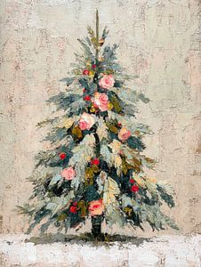 Romantischer Weihnachtsbaum mit Rosen in zarten Pastelltönen, gemalt im klassischen Öl-Stil