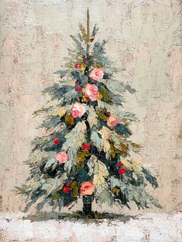 Romantischer Weihnachtsbaum mit Rosen in zarten Pastelltönen, gemalt im klassischen Öl-Stil