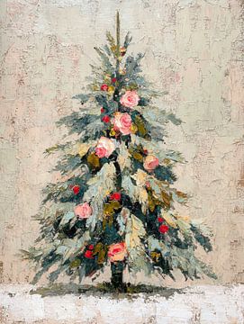 Romantische kerstboom met rozen in zachte pasteltonen, geschilderd in klassieke olieverfstijl van But First Framing