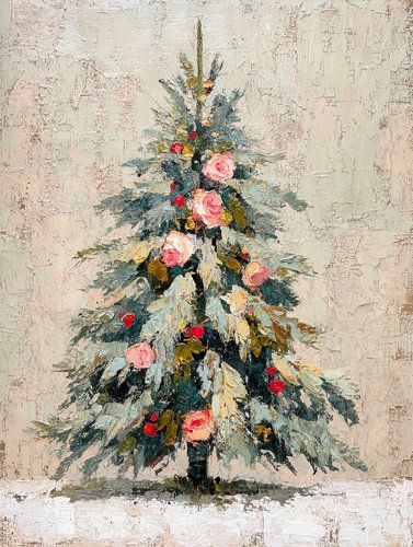 Romantische kerstboom met rozen in zachte pasteltonen, geschilderd in klassieke olieverfstijl van But First Framing