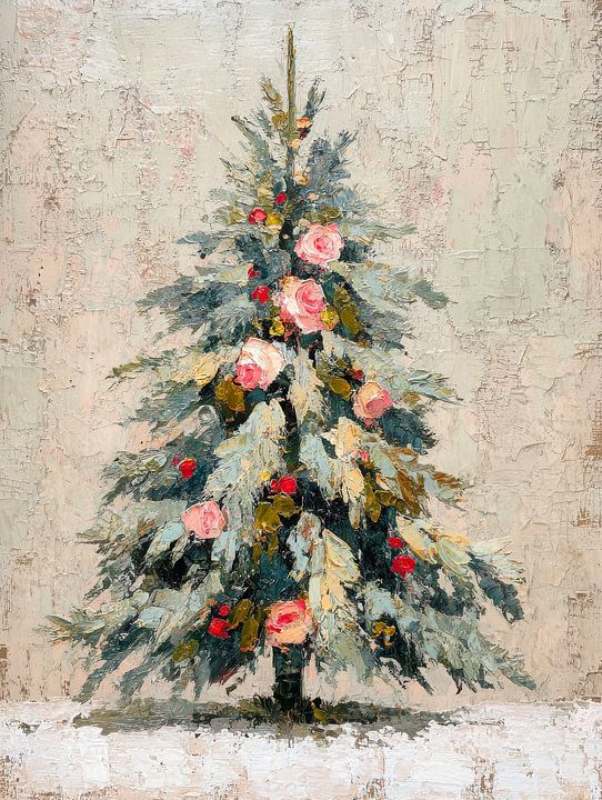 Romantischer Weihnachtsbaum mit Rosen in zarten Pastelltönen, gemalt im klassischen Öl-Stil von <span class="secondary-font">But First Framing</span>