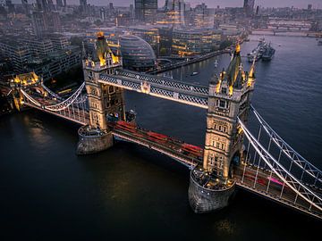 Drone photo from London Tower Bridge with night sky by Jan Hermsen