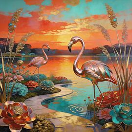 Des flamants roses au bord d'un lac baigné par un coucher de soleil doré sur A.D. Digital ART