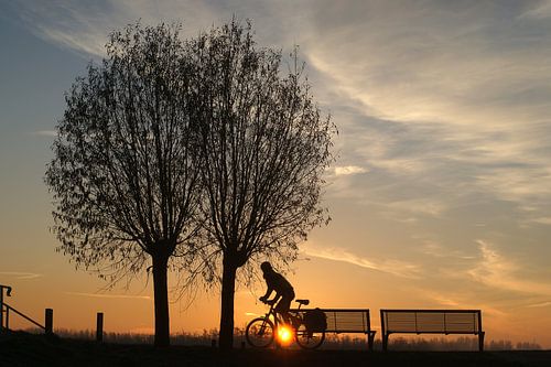 Fietser met opkomende zon in de polder.