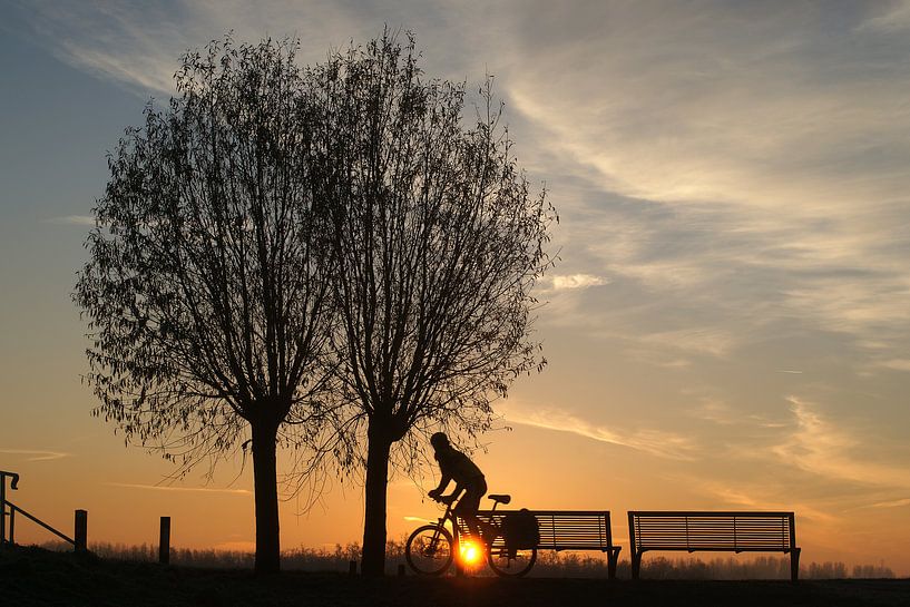 Radfahrer mit aufgehender Sonne im Polder. von Gert van Santen