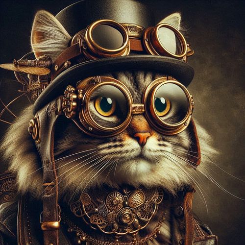chat en steampunk avec lunettes et chapeau
