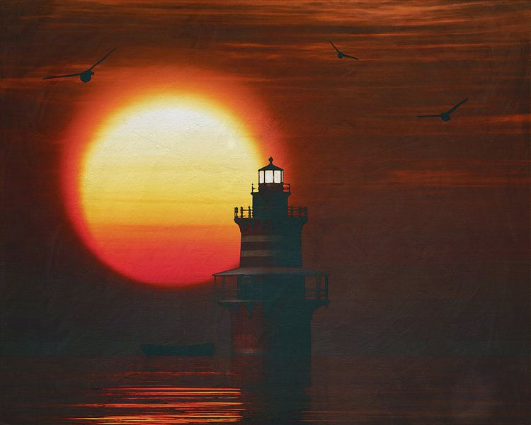 De Vuurtoren van Newport met een zonsondergang en wervelende Stratus wolken van Jan Keteleer