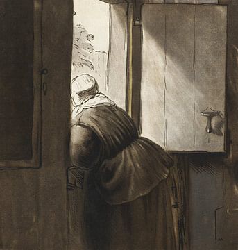 Vrouw leunt uit een open raam , Cornelis Ploos van Amstel (ca. 1795–1828) van Atelier Liesjes
