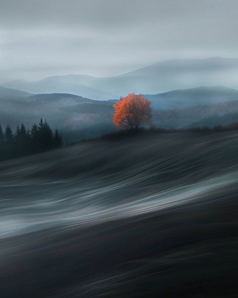 Eenzame boom in landschap van fernlichtsicht