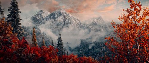 Herfstlandschap met bergen en mist