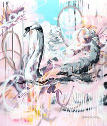 a swan in a street art dress