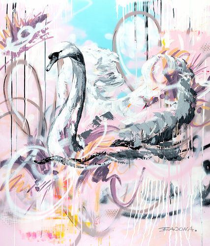 a swan in a street art dress