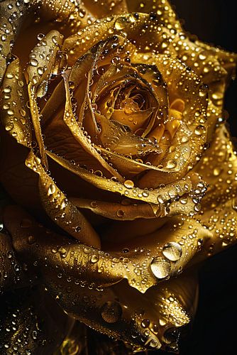 Gouden roos met fonkelende waterdruppels close-up