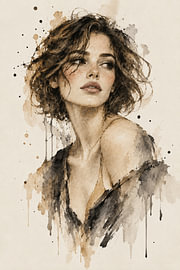 Vrouw met wilde lokken in aquarel