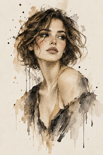 Vrouw met wilde lokken in aquarel