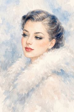 Portrait d'une femme élégante avec un col en fourrure douce (AI) (hiver, aquarelle, peinture, coiffure)