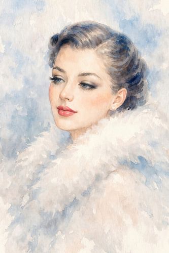 Portret elegante vrouw met zachte bontkraag  (AI) (winter, aquarel, schilderij, oude stijl haardracht, glamour, vintage)