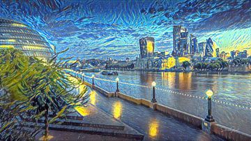 Schilderij Londen Skyline in stijl Van Gogh Sterrennacht